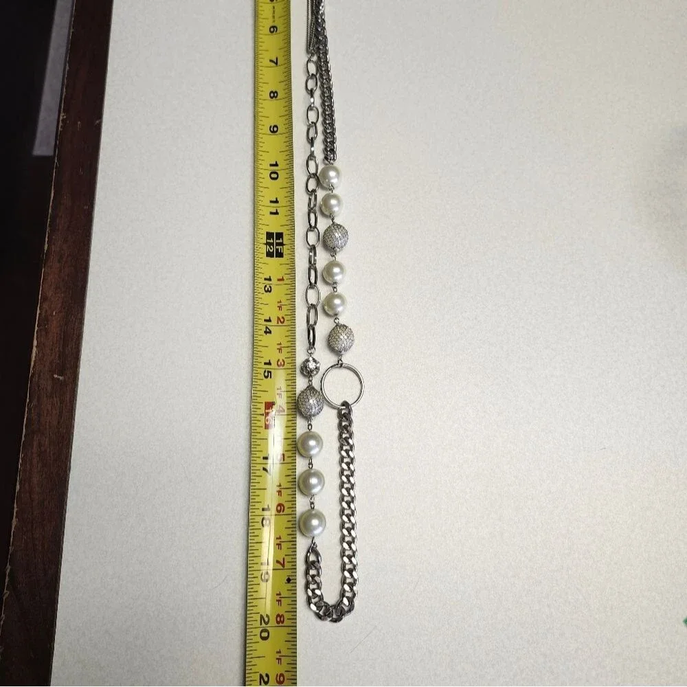 Silver Toned Long Necklace, Faux Pearls &  Clear Gemstones, 20